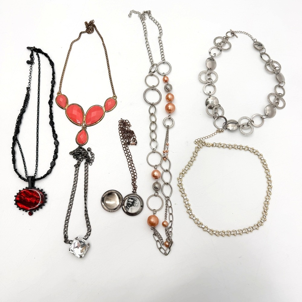 Mixed Lot of 7 Fashion Necklaces Locket Coral Bib Faux Pearl Crystal Red Pendant